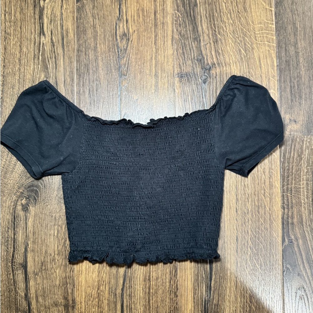 Me to We Black Smocked Off-Shoulder Crop Top